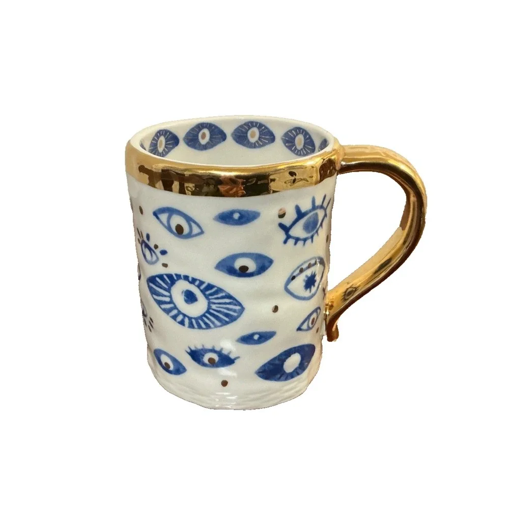 Anthropologie Mug Evil Eye Blue White Gold Handle Ceramic Coffee Cup